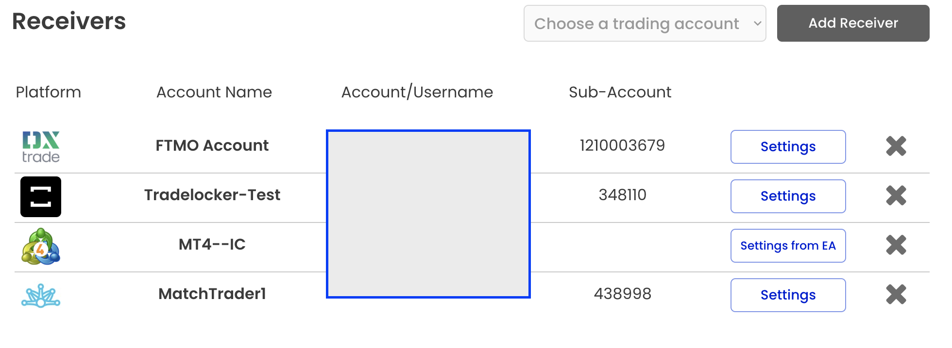 Click on settings of MatchTrader